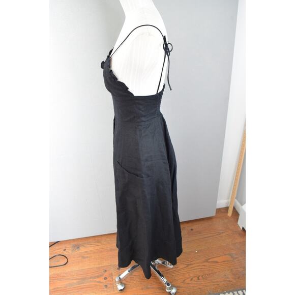 Reformation Brienne Dress Size 0 Black 100% Linen Plunge Midi Slit Button - Picture 3 of 7